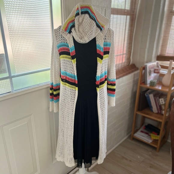 Scoop Womens Open Knit Crochet Knit Striped Boho Hooded Cardigan Kimono Sz XS - Picture 7 of 11